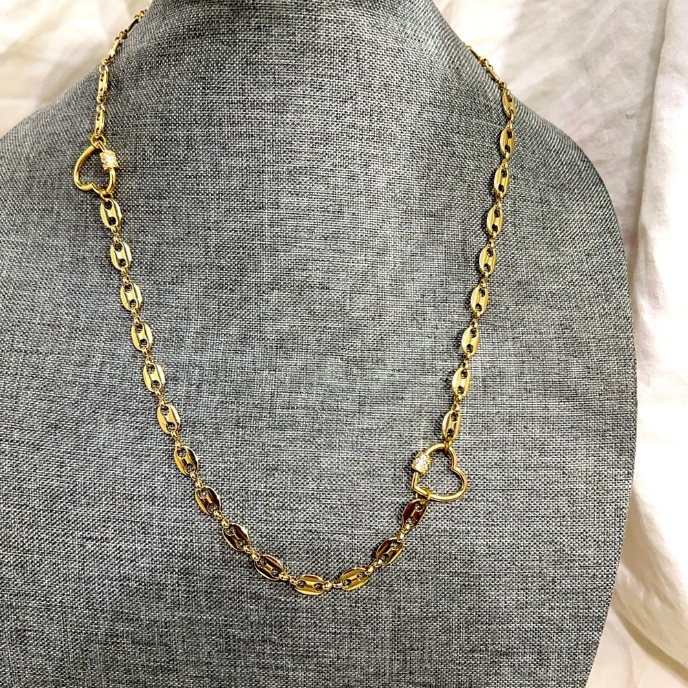 Designer inspired Gold Necklace with two Gold Hearts W/Rhinestone Twist closer☑️